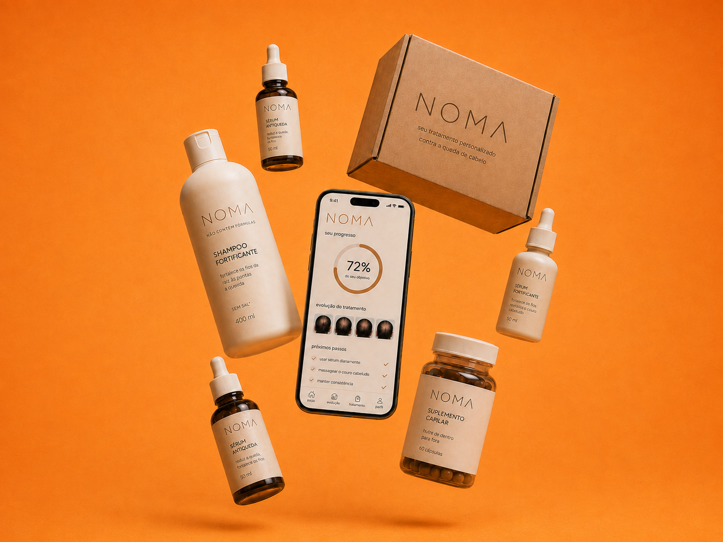 Produtos, embalagem e aplicativo NOMA organizados sobre um fundo laranja