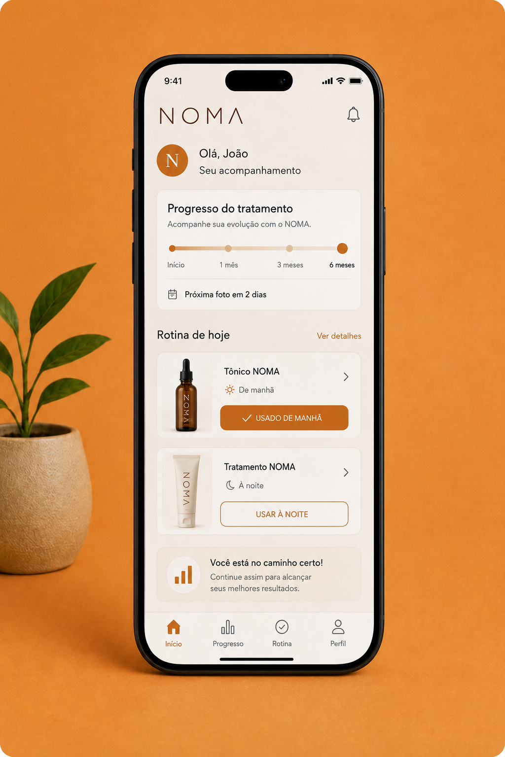 Celular exibindo o progresso e a rotina do tratamento capilar no app NOMA